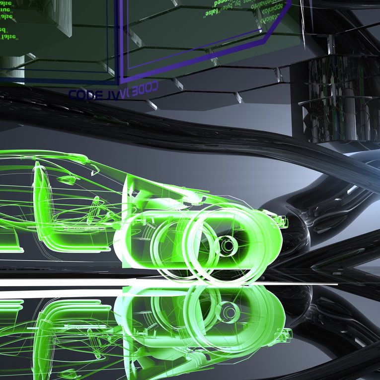 A new generation electric vehicle is in the futuristic showroom. Presentation of a virtual car taking the stage.