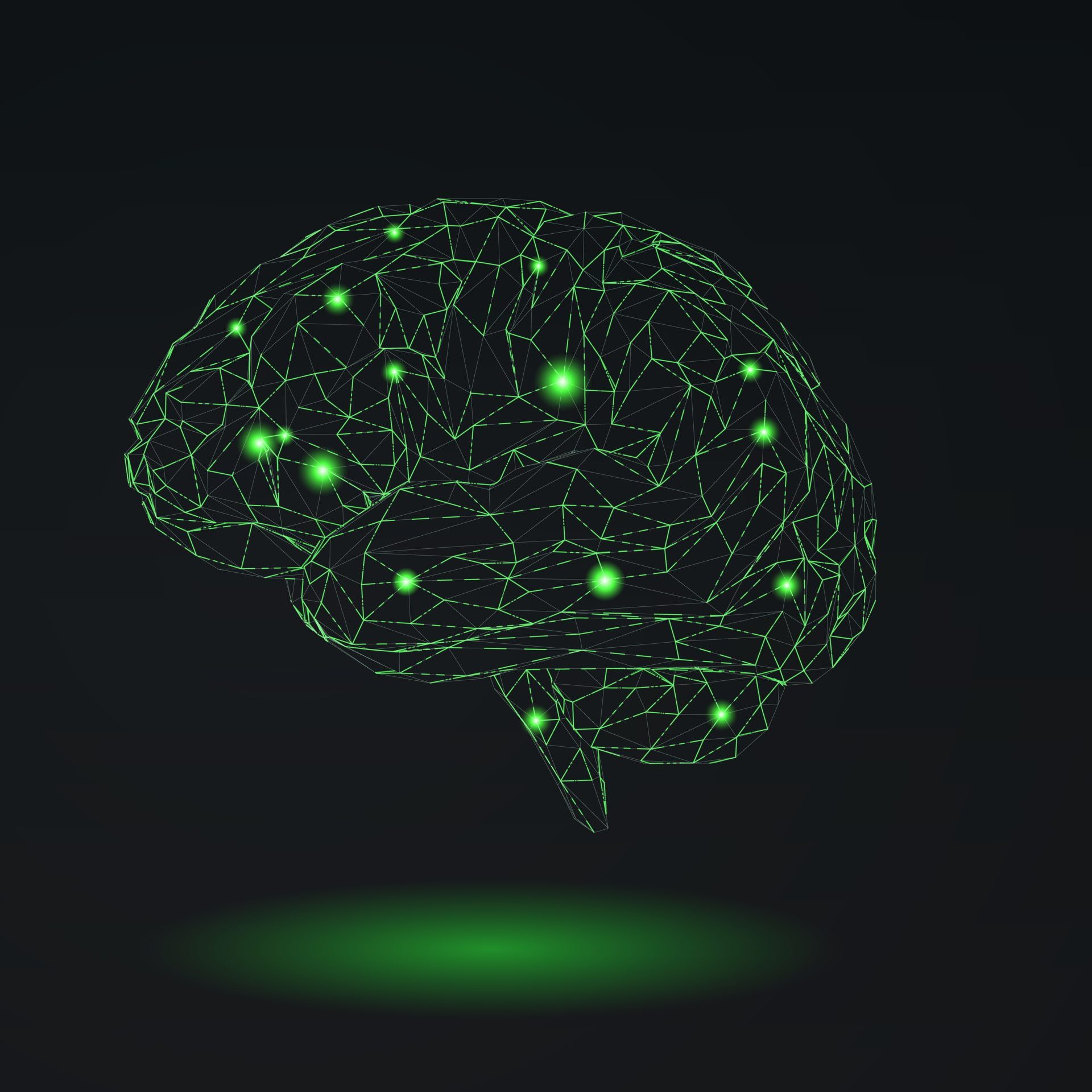 Low poly wireframe brain with green connection dots glowing line on black background