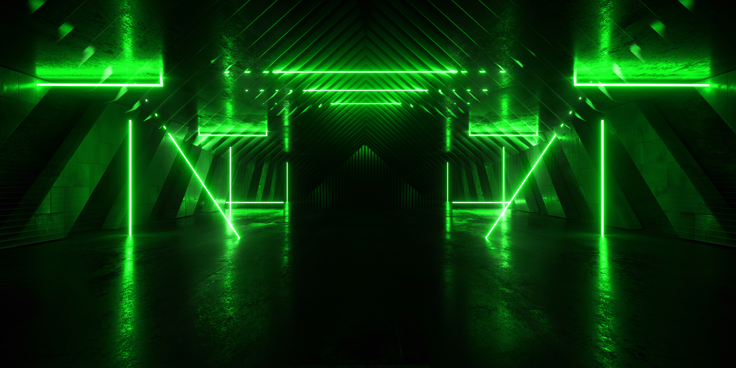 Futuristic Cyber Laser Electric Neon Lights Vibrant Glowing Tunnel Corridor Metal Concrete Studio Backdrop Background Tunnel Corridor 3D Rendering Illustration